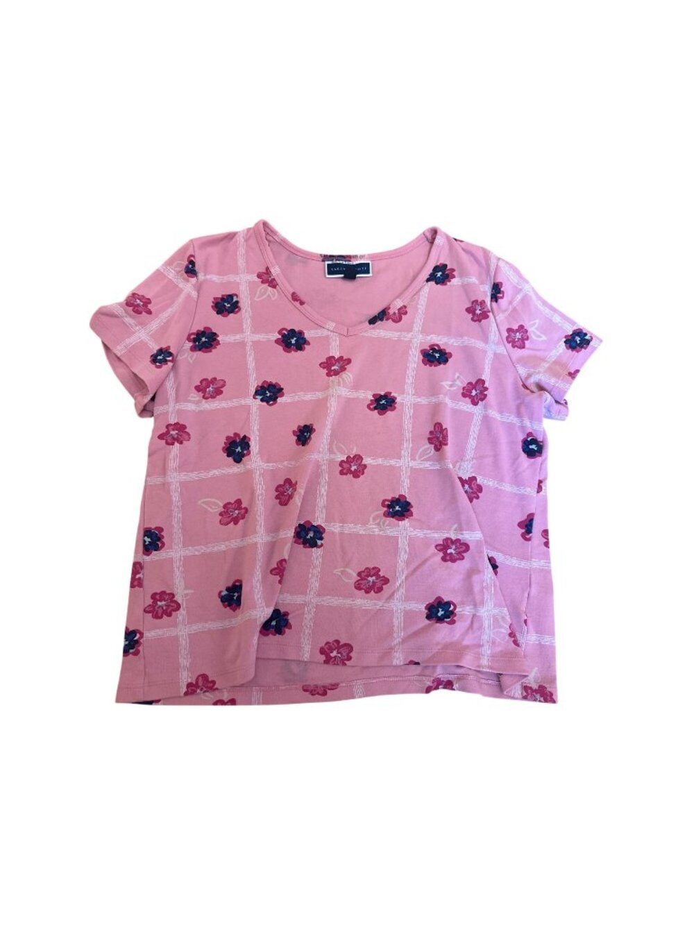 Karen Scott T-Shirt Top XL Pink Short-Sleeve Floral Grid Pattern V-Neck Casual